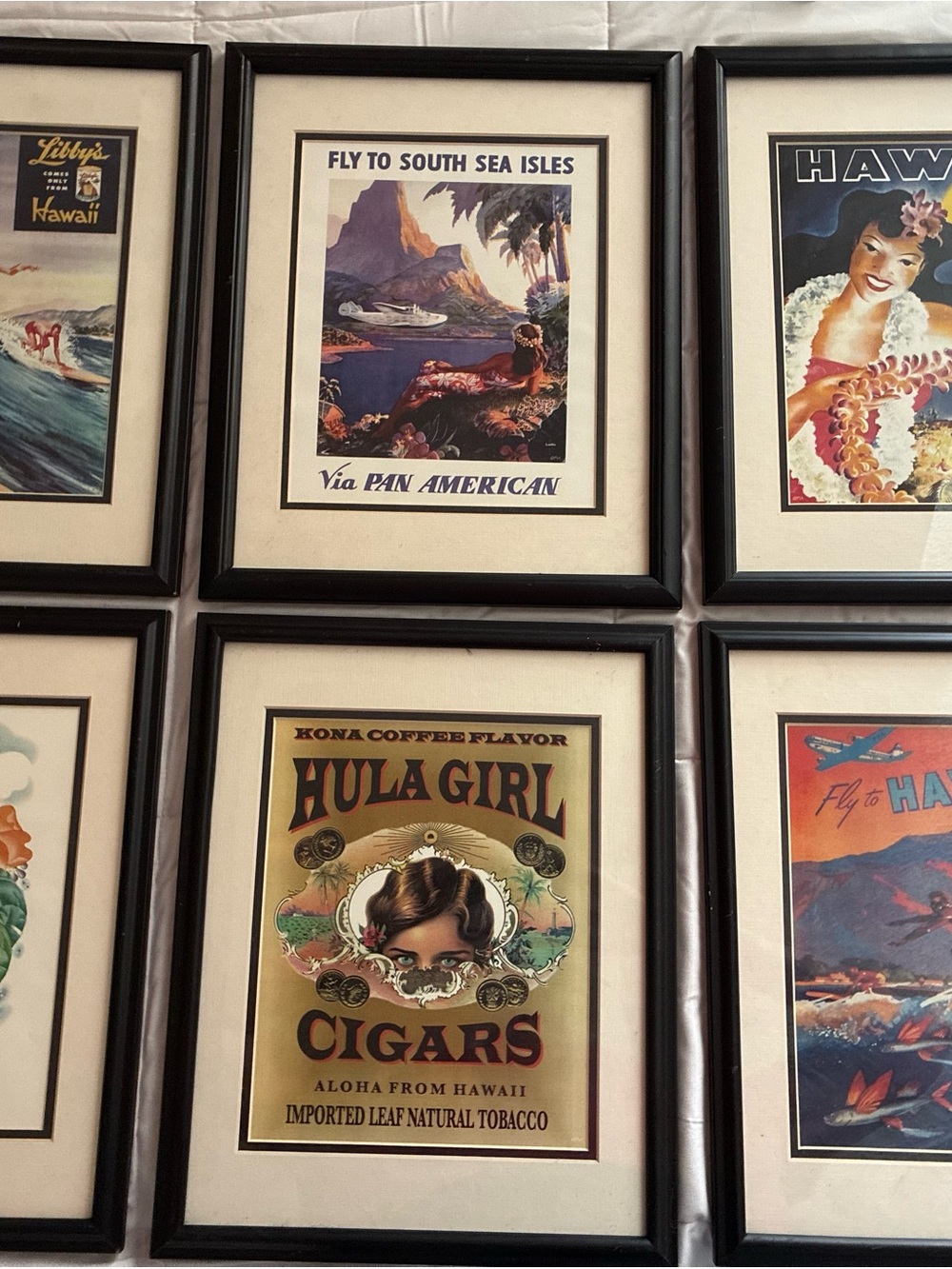 Set of 6 Framed Vintage Hawaiian Travel Poster Prints